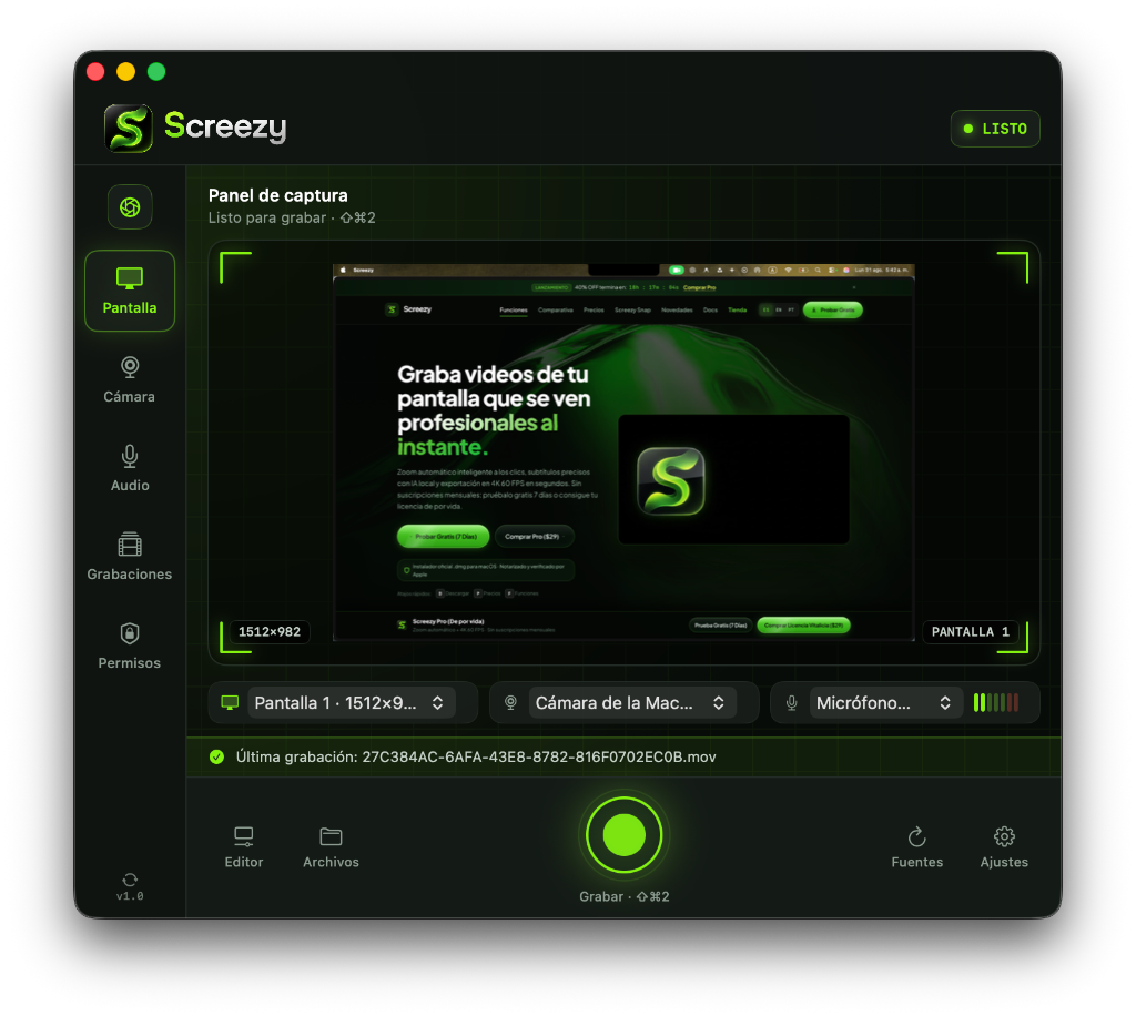Screezy Panel de Captura macOS